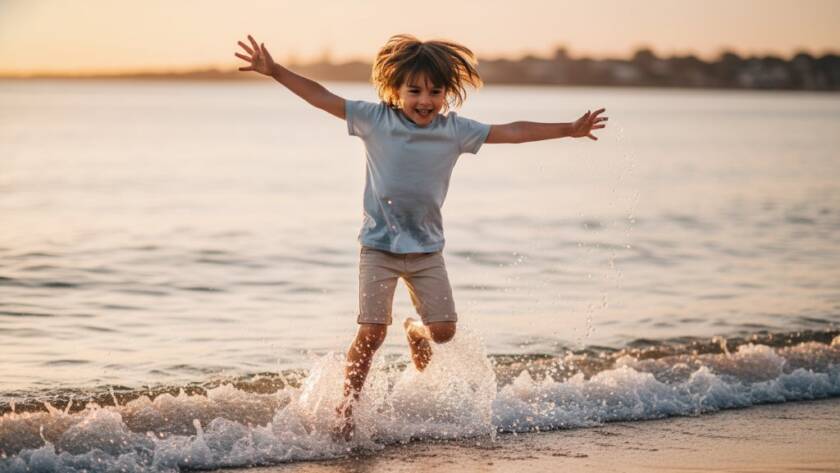 An authentic kids photography Chelsea Heights Victoria moment, showing a child's pure joy as they splash in the shallow waters of Chelsea Beach at sunset, golden light illuminating their playful expression.