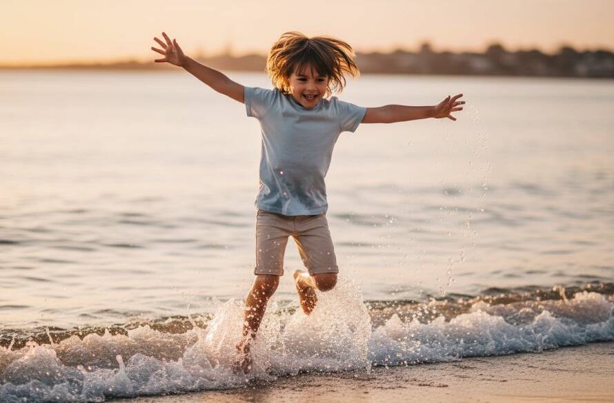 An authentic kids photography Chelsea Heights Victoria moment, showing a child's pure joy as they splash in the shallow waters of Chelsea Beach at sunset, golden light illuminating their playful expression.
