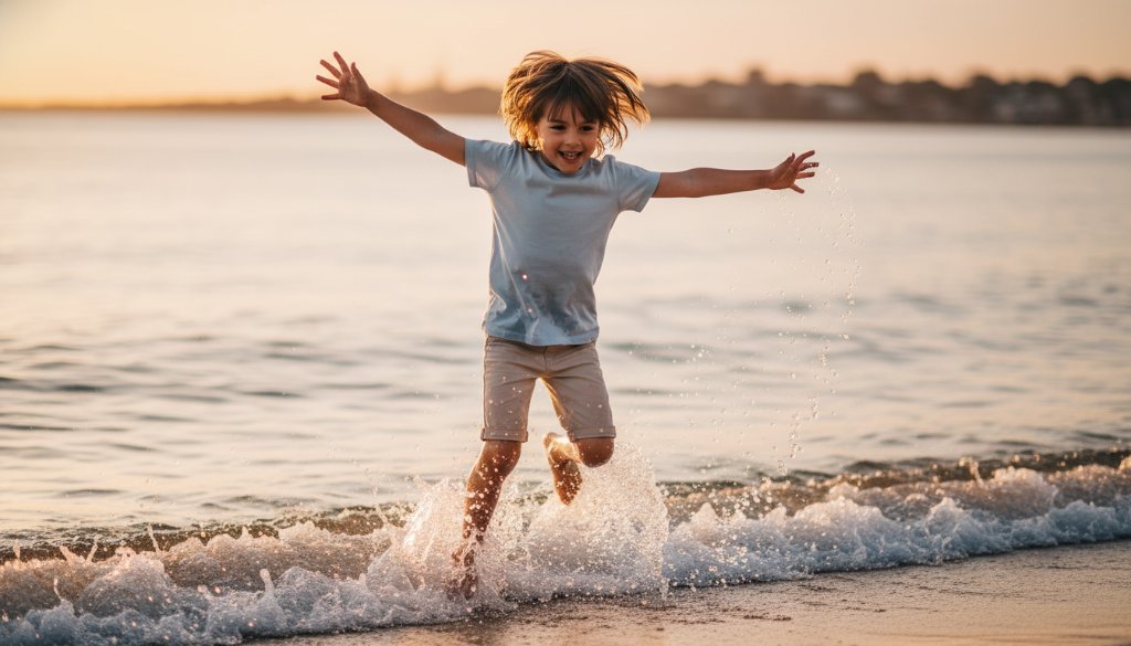 An authentic kids photography Chelsea Heights Victoria moment, showing a child's pure joy as they splash in the shallow waters of Chelsea Beach at sunset, golden light illuminating their playful expression.