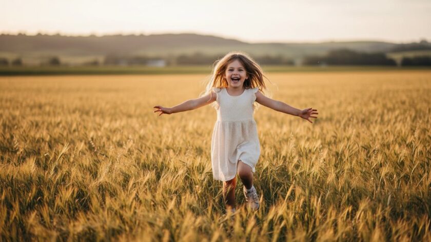 An epic moment captured in authentic kids photography Churchill Victoria, showing a child joyfully running through a sunlit field with a wide, genuine smile, surrounded by golden hour light, portraying pure happiness and freedom.
