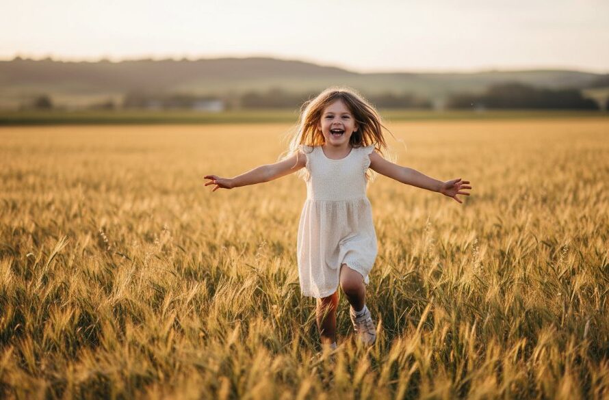 An epic moment captured in authentic kids photography Churchill Victoria, showing a child joyfully running through a sunlit field with a wide, genuine smile, surrounded by golden hour light, portraying pure happiness and freedom.