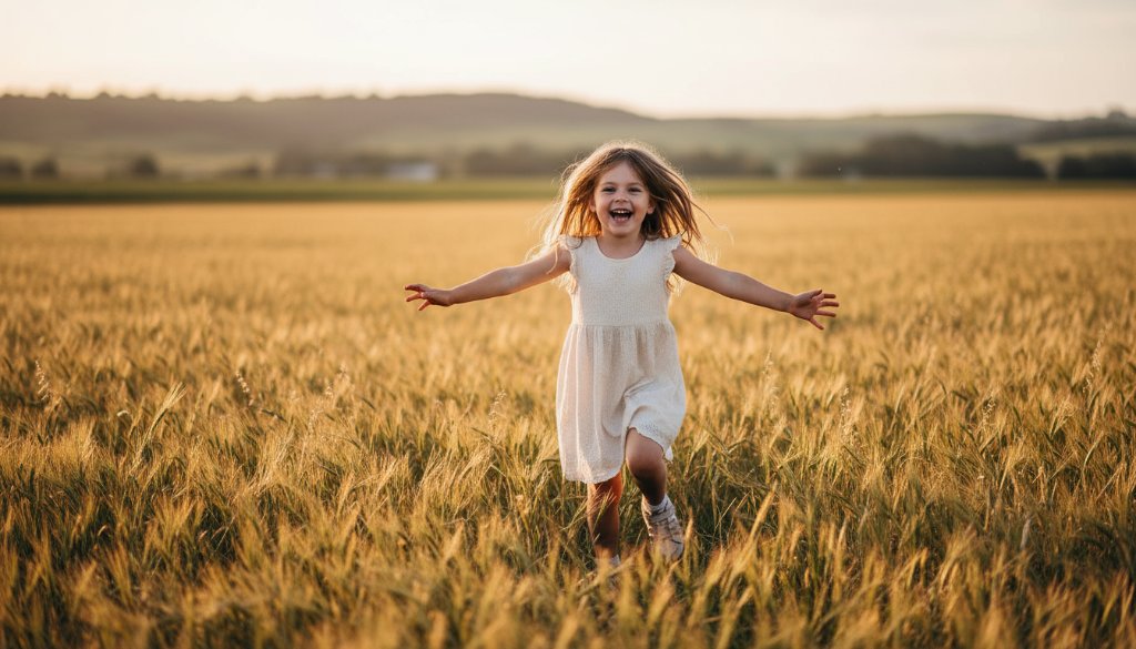 An epic moment captured in authentic kids photography Churchill Victoria, showing a child joyfully running through a sunlit field with a wide, genuine smile, surrounded by golden hour light, portraying pure happiness and freedom.