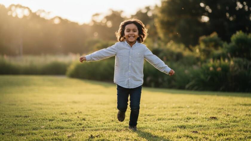 A joyful candid moment captured through authentic kids photography in Clayton South, showing a child laughing while playing outdoors, expertly composed with beautiful soft light, perfect for playful portraits.