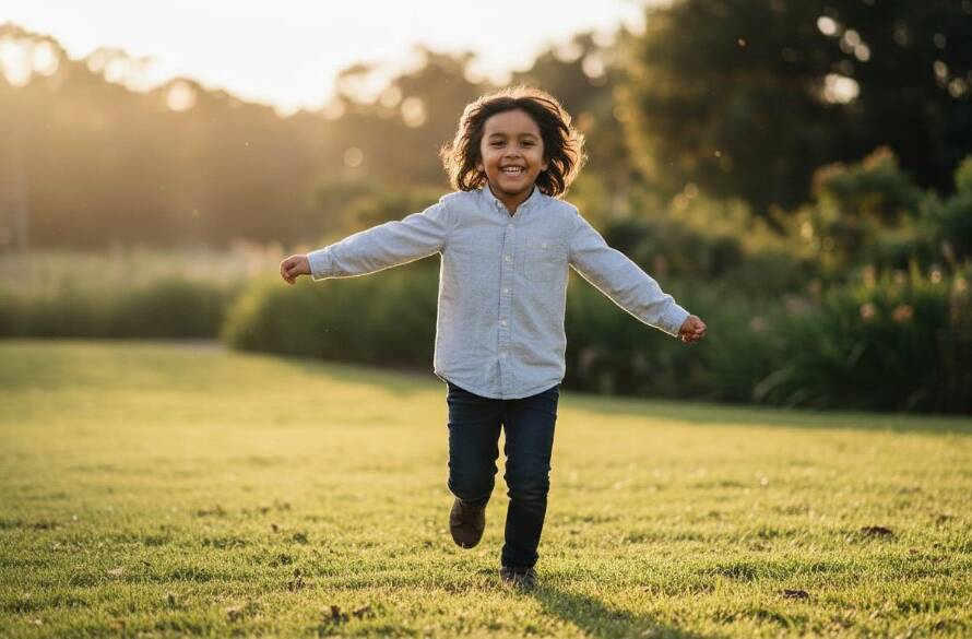 A joyful candid moment captured through authentic kids photography in Clayton South, showing a child laughing while playing outdoors, expertly composed with beautiful soft light, perfect for playful portraits.