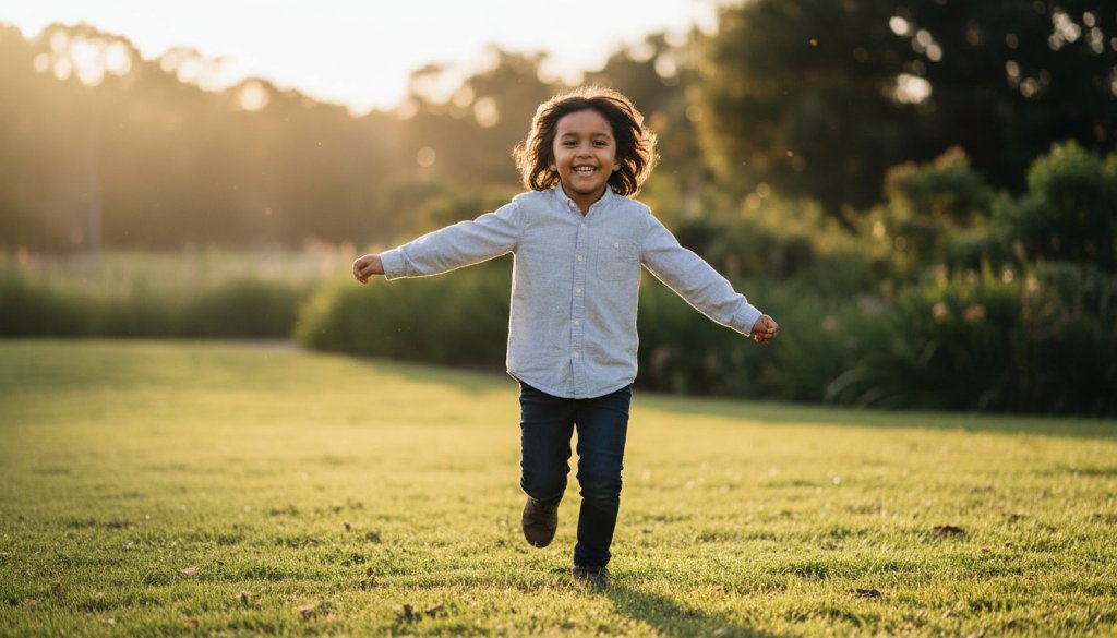 A joyful candid moment captured through authentic kids photography in Clayton South, showing a child laughing while playing outdoors, expertly composed with beautiful soft light, perfect for playful portraits.