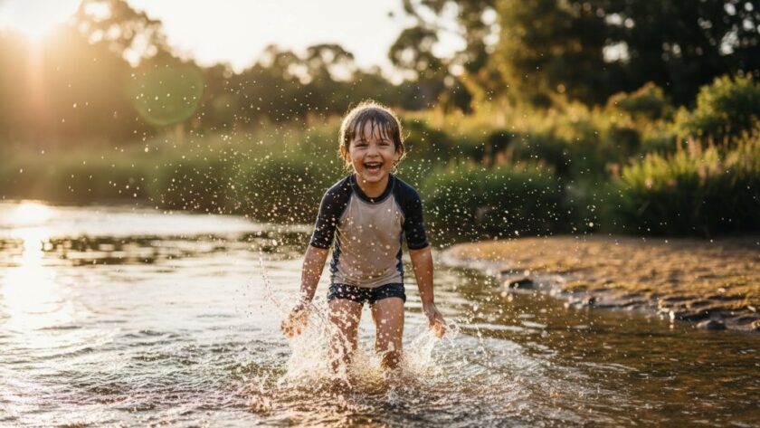 An epic moment of genuine joy during authentic kids photography Cobram session: a child laughing as they splash in the shallow water of the Murray River, golden hour light, professional photography.