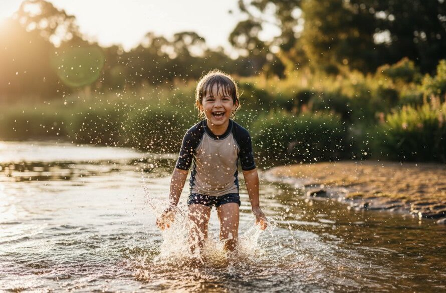 An epic moment of genuine joy during authentic kids photography Cobram session: a child laughing as they splash in the shallow water of the Murray River, golden hour light, professional photography.