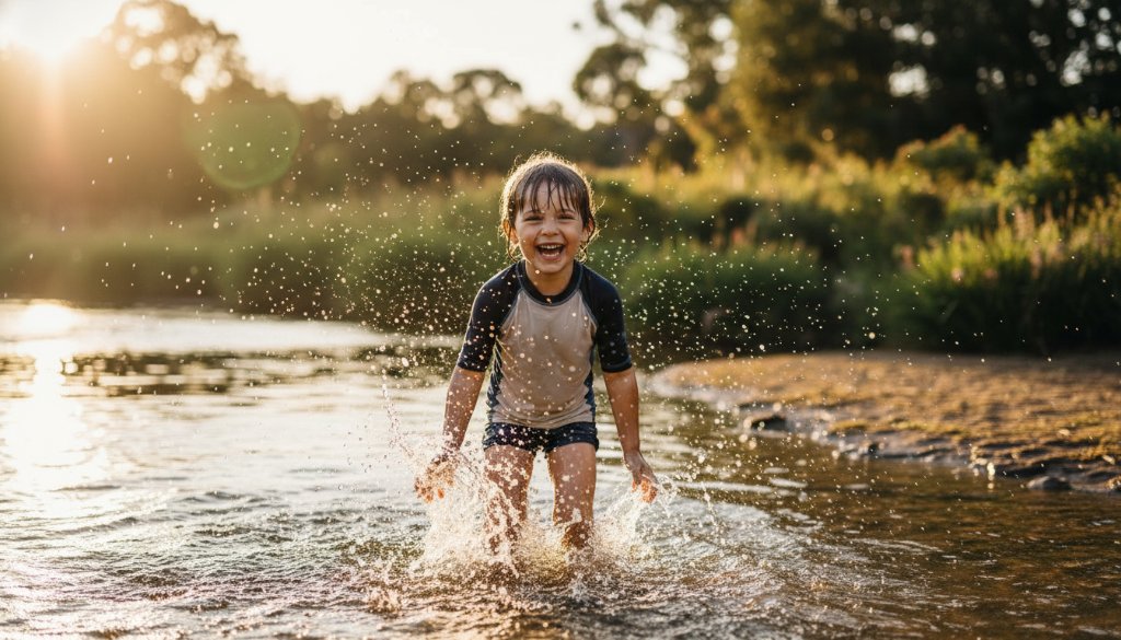 An epic moment of genuine joy during authentic kids photography Cobram session: a child laughing as they splash in the shallow water of the Murray River, golden hour light, professional photography.