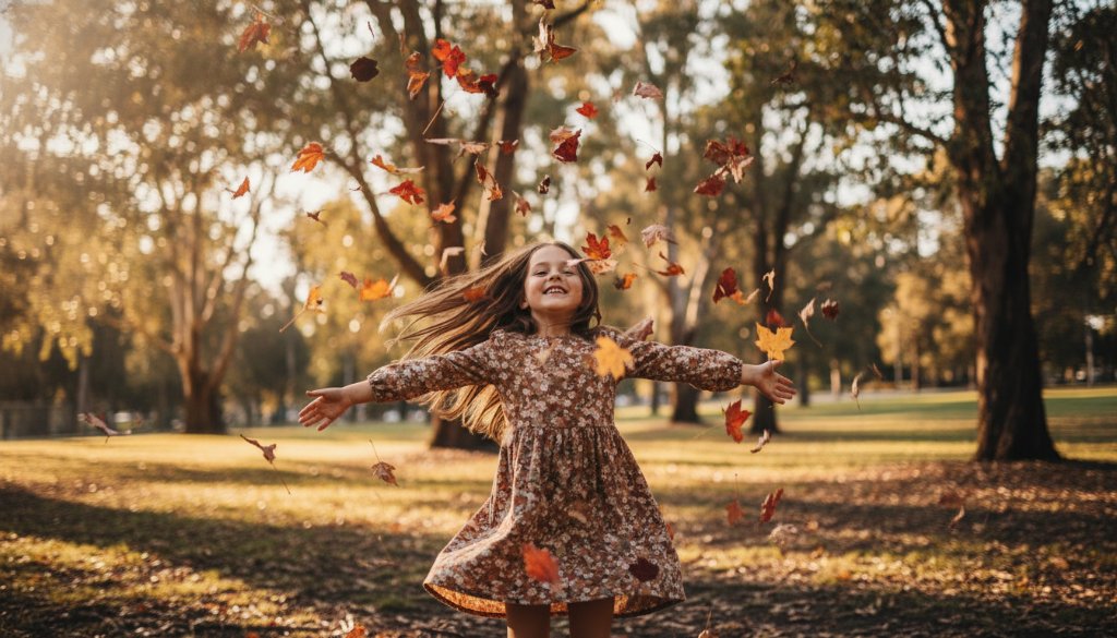 A wide-angle, cinematic photograph of a child (approx. 6-8 years old) running joyfully through a sun-drenched, leafy park in Croydon, Victoria, bathed in golden hour light, with a blurred background suggesting motion and freedom, embodying authentic kids photography Croydon Victoria.