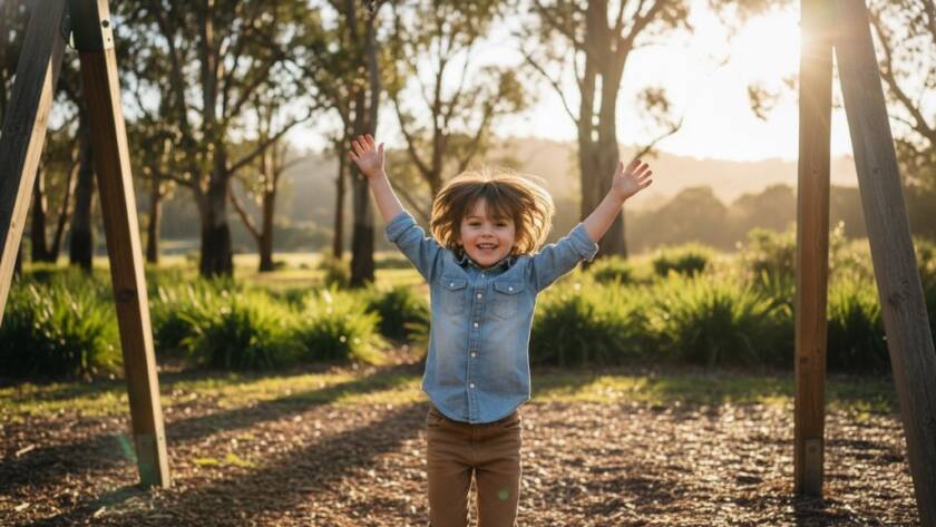 An epic moment of pure joy during an authentic kids photography Dandenong North outdoor session, capturing a child laughing mid-air on a swing at a Dandenong North park, bathed in golden hour light with vibrant green foliage in the background.