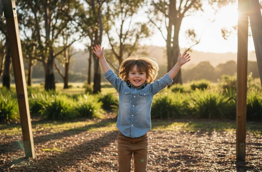 An epic moment of pure joy during an authentic kids photography Dandenong North outdoor session, capturing a child laughing mid-air on a swing at a Dandenong North park, bathed in golden hour light with vibrant green foliage in the background.