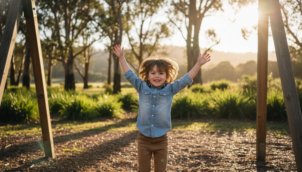 An epic moment of pure joy during an authentic kids photography Dandenong North outdoor session, capturing a child laughing mid-air on a swing at a Dandenong North park, bathed in golden hour light with vibrant green foliage in the background.