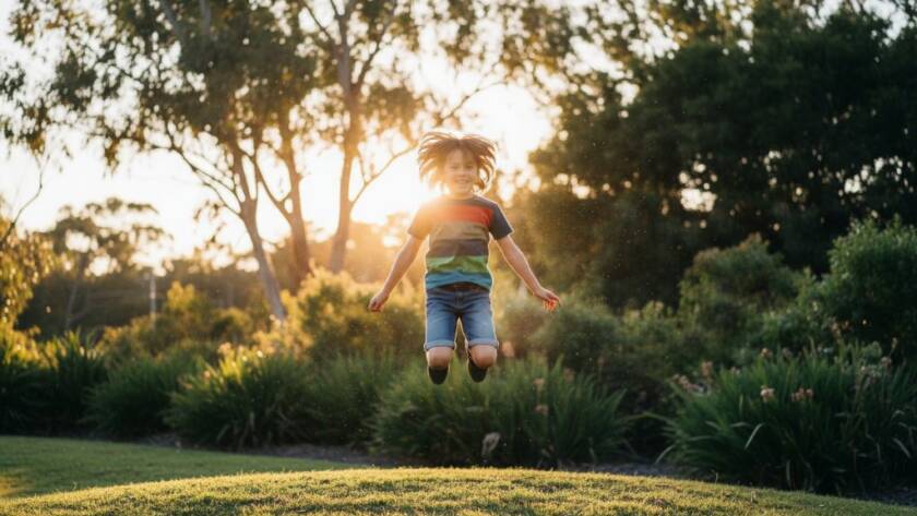 A vibrant, professionally colour-graded photograph capturing an authentic kids photography Forest Hill capturing childhood joy moment: A child's pure delight as they leap through golden leaves in a sun-dappled park in Forest Hill, Victoria, with a wide, infectious smile, conveying unbridled happiness and freedom. Dramatic lighting highlights the movement and joyful expression.