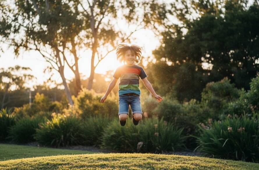 A vibrant, professionally colour-graded photograph capturing an authentic kids photography Forest Hill capturing childhood joy moment: A child's pure delight as they leap through golden leaves in a sun-dappled park in Forest Hill, Victoria, with a wide, infectious smile, conveying unbridled happiness and freedom. Dramatic lighting highlights the movement and joyful expression.