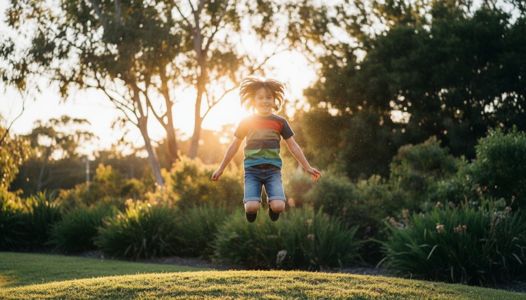 A vibrant, professionally colour-graded photograph capturing an authentic kids photography Forest Hill capturing childhood joy moment: A child's pure delight as they leap through golden leaves in a sun-dappled park in Forest Hill, Victoria, with a wide, infectious smile, conveying unbridled happiness and freedom. Dramatic lighting highlights the movement and joyful expression.