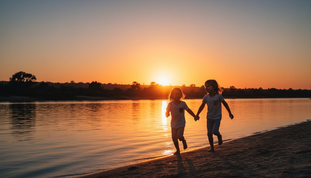 An authentic kids photography Geelong West family moments capture: two joyful children running hand-in-hand through golden hour light at Rippleside Park, their laughter echoing, professionally photographed with dramatic backlighting and vibrant colours.