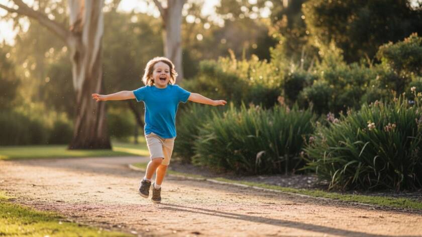 A wide-angle, cinematic photograph of a child running through the golden hour light in a Glen Iris park, surrounded by blurred gum trees, laughter echoing, embodying authentic kids photography Glen Iris joyful memories.