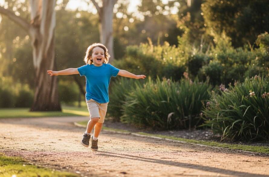 A wide-angle, cinematic photograph of a child running through the golden hour light in a Glen Iris park, surrounded by blurred gum trees, laughter echoing, embodying authentic kids photography Glen Iris joyful memories.