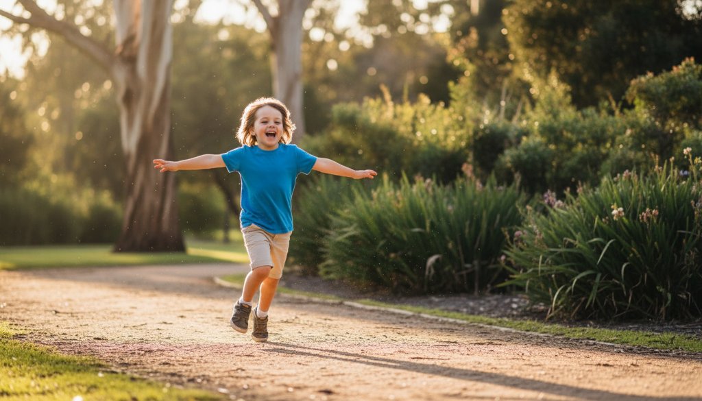 A wide-angle, cinematic photograph of a child running through the golden hour light in a Glen Iris park, surrounded by blurred gum trees, laughter echoing, embodying authentic kids photography Glen Iris joyful memories.