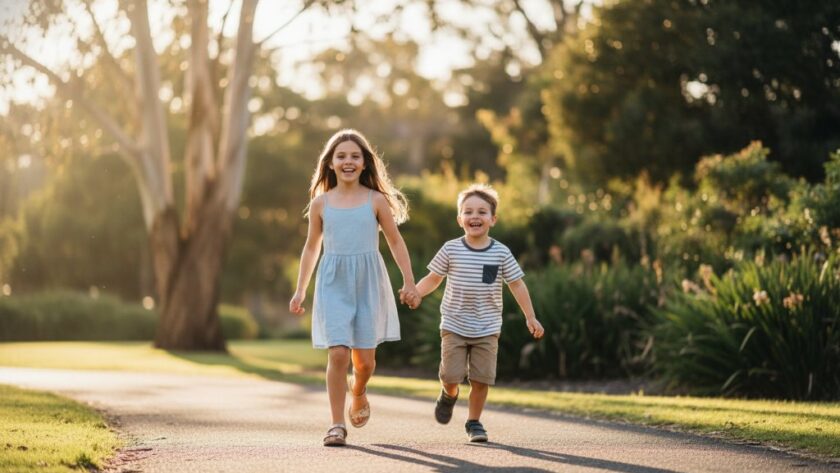 A heartwarming, professional photograph of two children laughing while running through golden hour sunlight in a Hamlyn Heights park, perfectly illustrating authentic kids photography Hamlyn Heights capturing joy with a cinematic, vibrant feel.