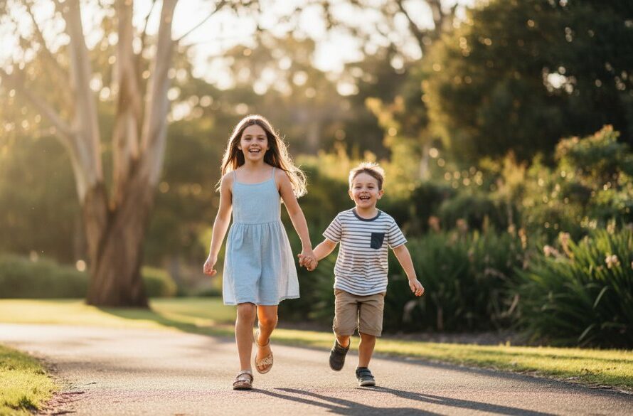A heartwarming, professional photograph of two children laughing while running through golden hour sunlight in a Hamlyn Heights park, perfectly illustrating authentic kids photography Hamlyn Heights capturing joy with a cinematic, vibrant feel.