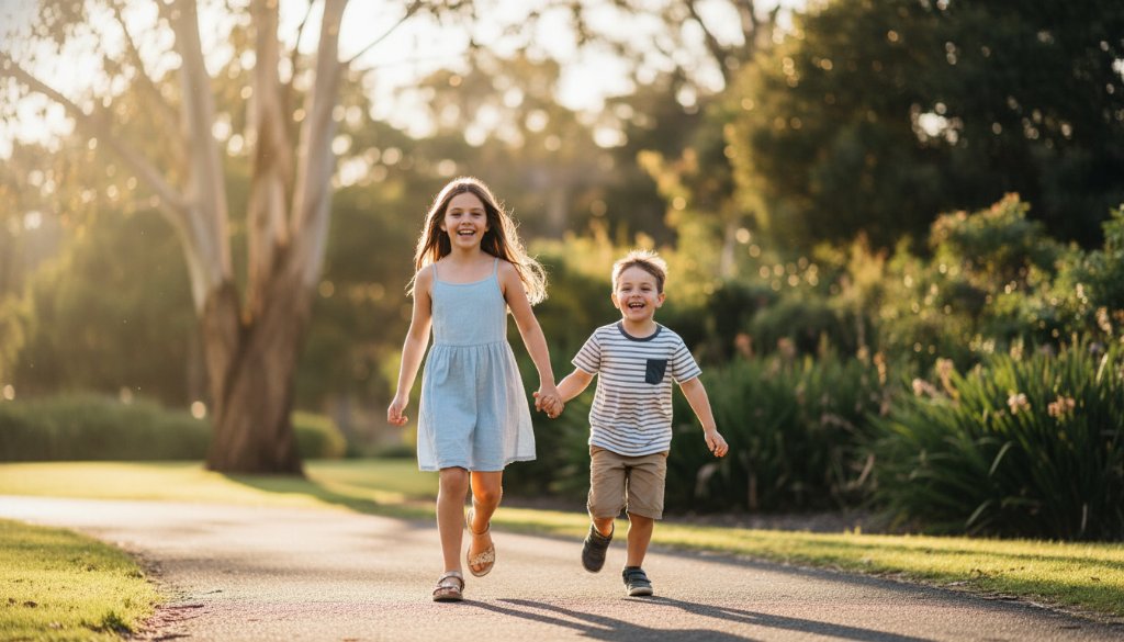 A heartwarming, professional photograph of two children laughing while running through golden hour sunlight in a Hamlyn Heights park, perfectly illustrating authentic kids photography Hamlyn Heights capturing joy with a cinematic, vibrant feel.