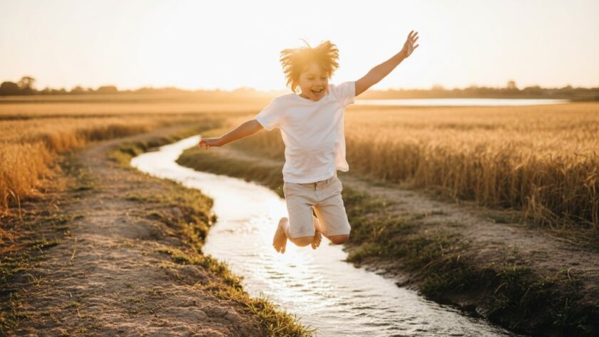 An emotionally resonant, wide-angle 'epic moment' photograph capturing authentic kids photography Horsham Victoria: a young child, mid-laugh, running through a sun-drenched field of golden wheat at sunset, with the Wimmera River in the background. The child's arms are outstretched, joyfully engaging with the environment, bathed in warm, dramatic golden hour light. Professional color grading enhances the magical, fleeting moment of childhood.
