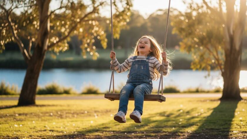 An authentic kids photography moment in Keilor Park, showing a child laughing joyfully mid-air on a swing at Brimbank Park, bathed in golden hour light, capturing genuine smiles with a sense of wonder and freedom.