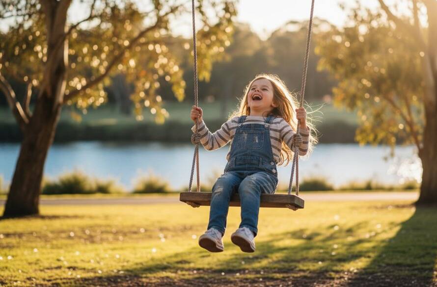 An authentic kids photography moment in Keilor Park, showing a child laughing joyfully mid-air on a swing at Brimbank Park, bathed in golden hour light, capturing genuine smiles with a sense of wonder and freedom.