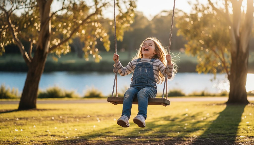 An authentic kids photography moment in Keilor Park, showing a child laughing joyfully mid-air on a swing at Brimbank Park, bathed in golden hour light, capturing genuine smiles with a sense of wonder and freedom.