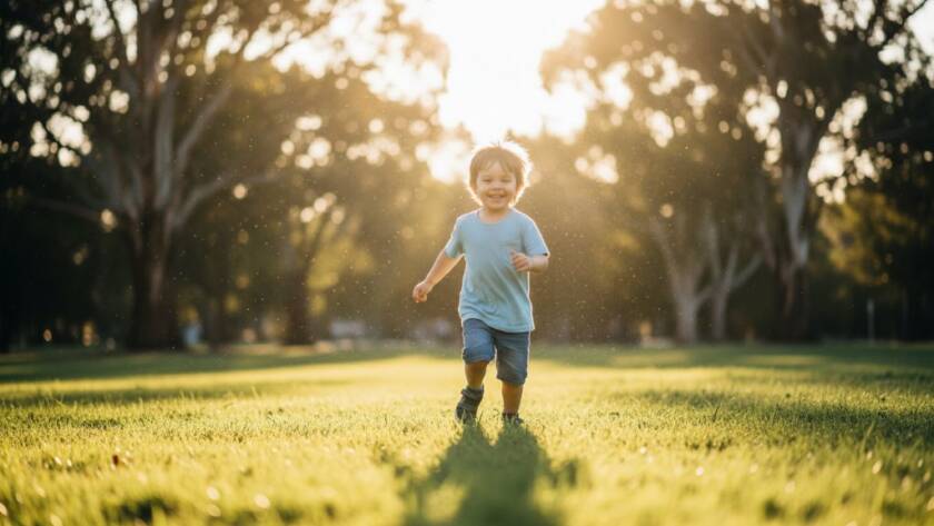 An authentic kids photography Kings Park Victoria 'epic moment' shot, showing a child joyfully running through a sun-dappled field with a huge smile, golden light catching their hair, conveying pure happiness and freedom.