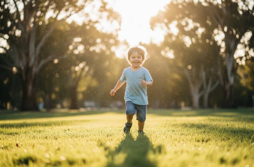 An authentic kids photography Kings Park Victoria 'epic moment' shot, showing a child joyfully running through a sun-dappled field with a huge smile, golden light catching their hair, conveying pure happiness and freedom.
