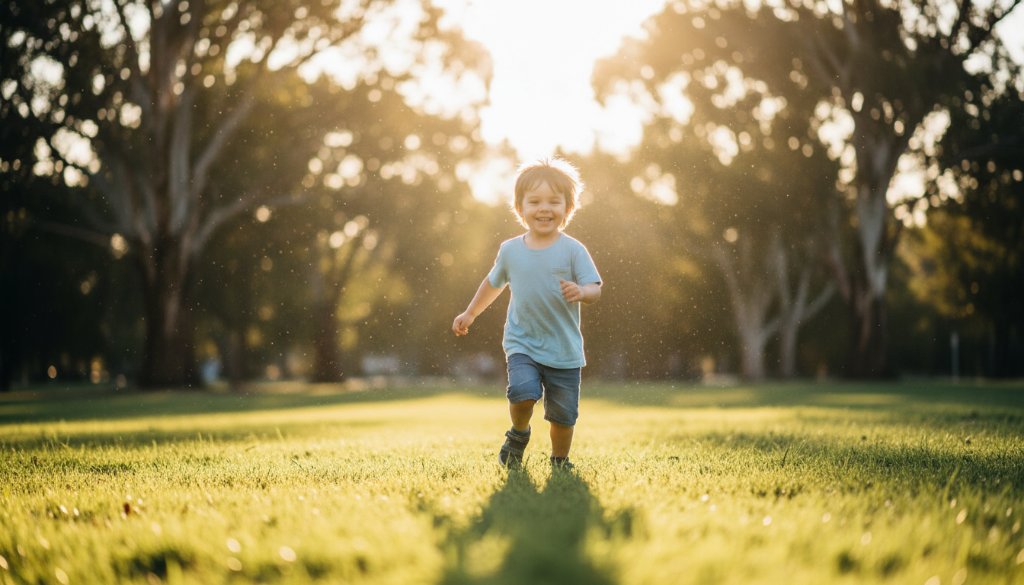 An authentic kids photography Kings Park Victoria 'epic moment' shot, showing a child joyfully running through a sun-dappled field with a huge smile, golden light catching their hair, conveying pure happiness and freedom.