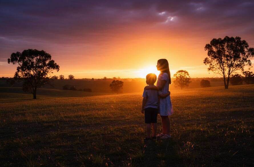A vibrant, professionally colour-graded wide-angle photograph capturing an authentic kids photography Lang Lang family memories moment: two children, a brother and sister, aged 5 and 8, laughing joyfully as they run through a sun-drenched, open field with native Australian trees in the background, near the tranquil farmlands of Lang Lang, Victoria. Golden hour light bathes them in a warm glow, creating dramatic backlighting and long shadows, evoking a sense of carefree childhood and adventure. The composition is dynamic and full of movement.