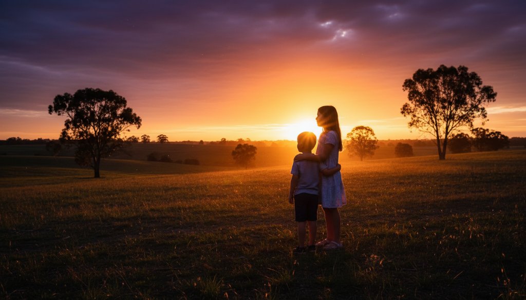 A vibrant, professionally colour-graded wide-angle photograph capturing an authentic kids photography Lang Lang family memories moment: two children, a brother and sister, aged 5 and 8, laughing joyfully as they run through a sun-drenched, open field with native Australian trees in the background, near the tranquil farmlands of Lang Lang, Victoria. Golden hour light bathes them in a warm glow, creating dramatic backlighting and long shadows, evoking a sense of carefree childhood and adventure. The composition is dynamic and full of movement.