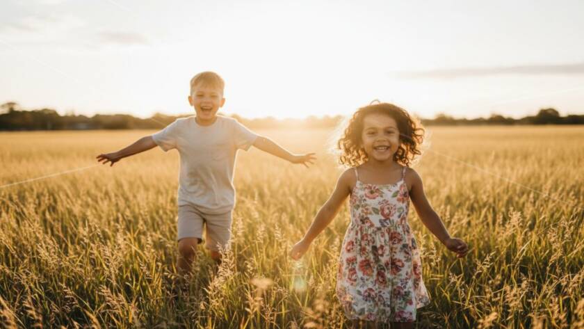 An epic moment of genuine joy and laughter captured in candid kids photography Lyndhurst capturing memories, featuring two children playing happily in the golden hour light of a local Lyndhurst park, with vibrant green foliage in the background, professional colour grading.