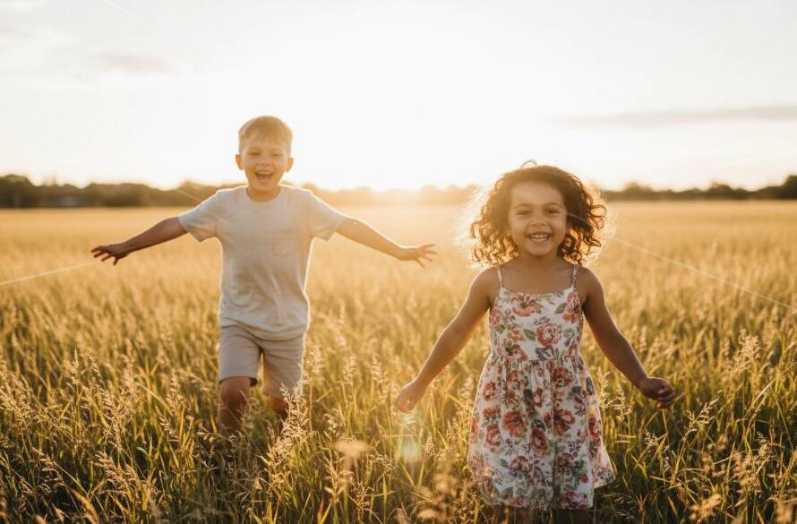 An epic moment of genuine joy and laughter captured in candid kids photography Lyndhurst capturing memories, featuring two children playing happily in the golden hour light of a local Lyndhurst park, with vibrant green foliage in the background, professional colour grading.