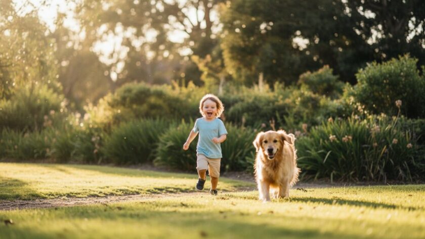 An authentic kids photography Manifold Heights outdoor adventures shot, capturing a child joyfully running through a sun-dappled park with a golden retriever, dramatic light, and professional colour grading.