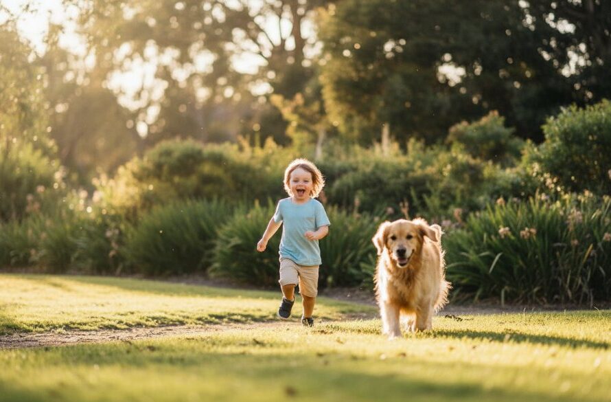 An authentic kids photography Manifold Heights outdoor adventures shot, capturing a child joyfully running through a sun-dappled park with a golden retriever, dramatic light, and professional colour grading.