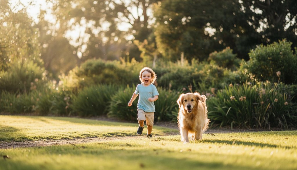 An authentic kids photography Manifold Heights outdoor adventures shot, capturing a child joyfully running through a sun-dappled park with a golden retriever, dramatic light, and professional colour grading.
