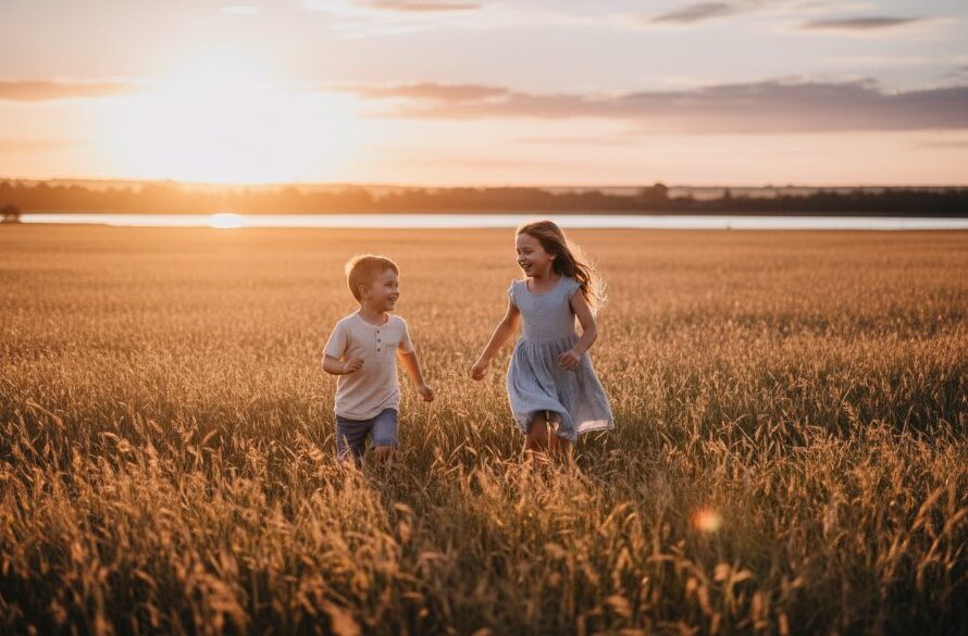 A wide shot capturing authentic kids photography Miners Rest family moments, featuring two children laughing joyfully while running through a sun-drenched, golden field at sunset near Lake Burrumbeet, with warm, dramatic backlighting highlighting their movement and genuine smiles, creating a vibrant, cinematic portfolio hero shot.