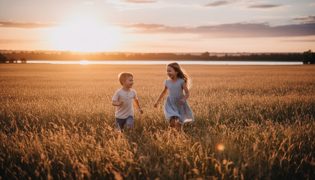 A wide shot capturing authentic kids photography Miners Rest family moments, featuring two children laughing joyfully while running through a sun-drenched, golden field at sunset near Lake Burrumbeet, with warm, dramatic backlighting highlighting their movement and genuine smiles, creating a vibrant, cinematic portfolio hero shot.