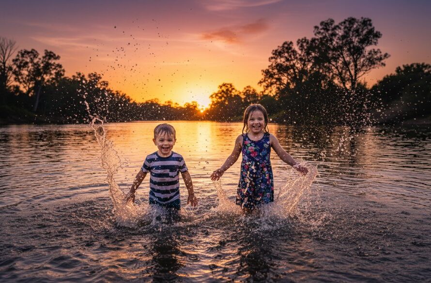 An authentic kids photography Moama NSW border epic moment, capturing two siblings laughing joyfully while splashing in the shallow waters of the Murray River at sunset, dramatic golden hour light, professional cinematic quality.