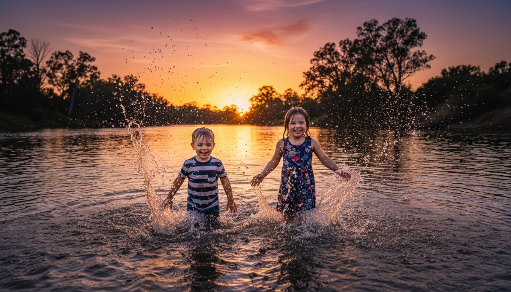 An authentic kids photography Moama NSW border epic moment, capturing two siblings laughing joyfully while splashing in the shallow waters of the Murray River at sunset, dramatic golden hour light, professional cinematic quality.