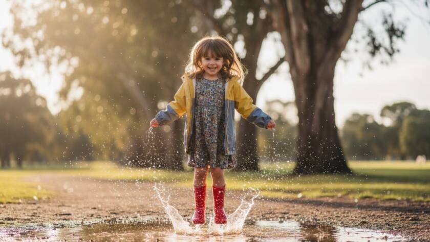 Epic moment of a joyful child splashing in a puddle with red gumboots in Ruffey Lake Park, Doncaster East, backlit by golden hour sunlight, capturing authentic kids photography moments Doncaster East.