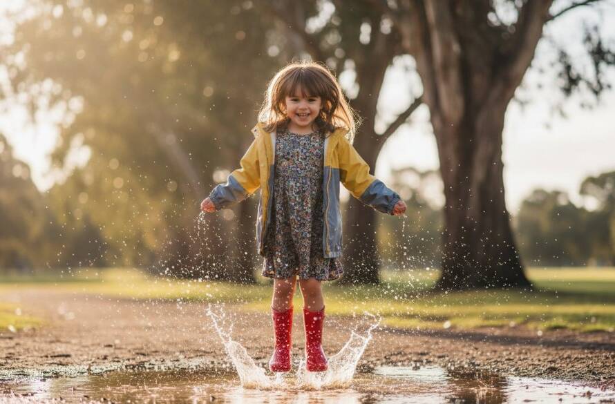 Epic moment of a joyful child splashing in a puddle with red gumboots in Ruffey Lake Park, Doncaster East, backlit by golden hour sunlight, capturing authentic kids photography moments Doncaster East.