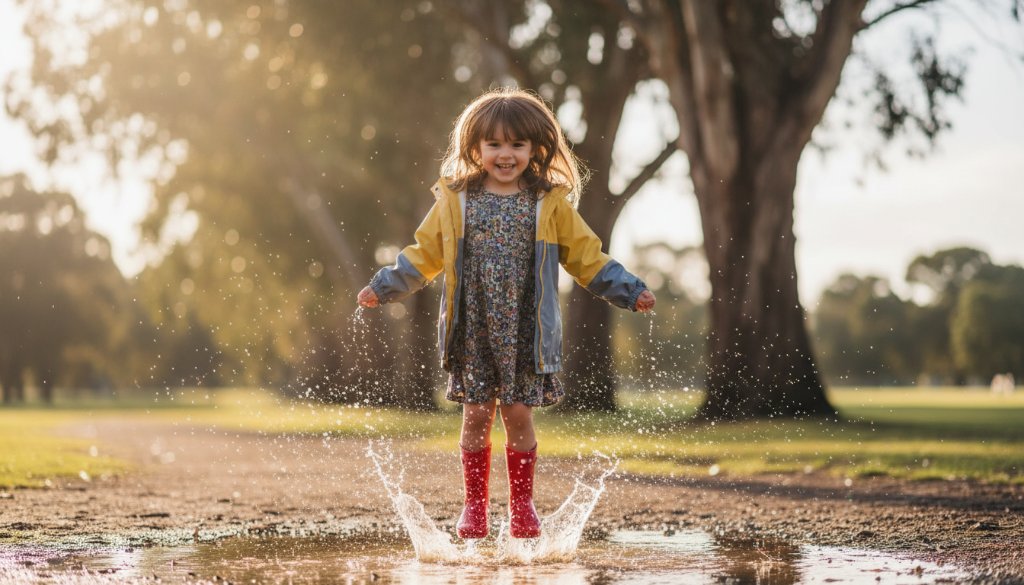 Epic moment of a joyful child splashing in a puddle with red gumboots in Ruffey Lake Park, Doncaster East, backlit by golden hour sunlight, capturing authentic kids photography moments Doncaster East.