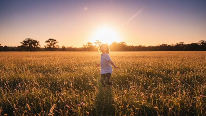 An epic, sun-drenched photograph capturing authentic kids photography moments Sale, featuring a child joyfully running through a sun-kissed field near Sale Common, with dramatic golden hour lighting and a wide, genuine smile.