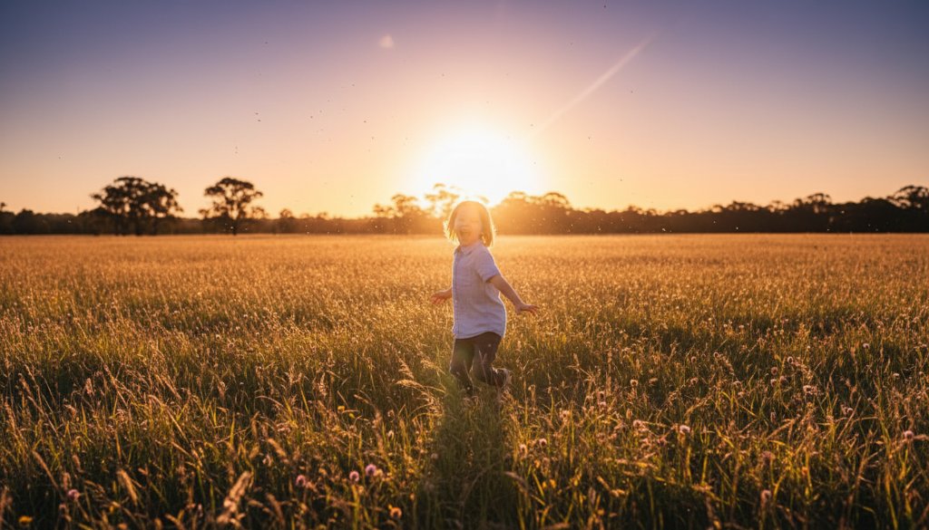 An epic, sun-drenched photograph capturing authentic kids photography moments Sale, featuring a child joyfully running through a sun-kissed field near Sale Common, with dramatic golden hour lighting and a wide, genuine smile.