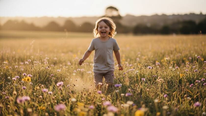 Authentic kids photography Mont Albert North family memories, capturing a child's joyful leap amidst golden hour light in a local park, with vibrant autumn colours, professional color grading.